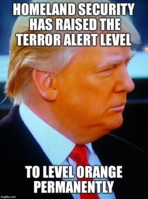 Decision 2016 | HOMELAND SECURITY HAS RAISED THE TERROR ALERT LEVEL; TO LEVEL ORANGE PERMANENTLY | image tagged in memes,funny memes,political meme,donald trump,donald trump approves | made w/ Imgflip meme maker