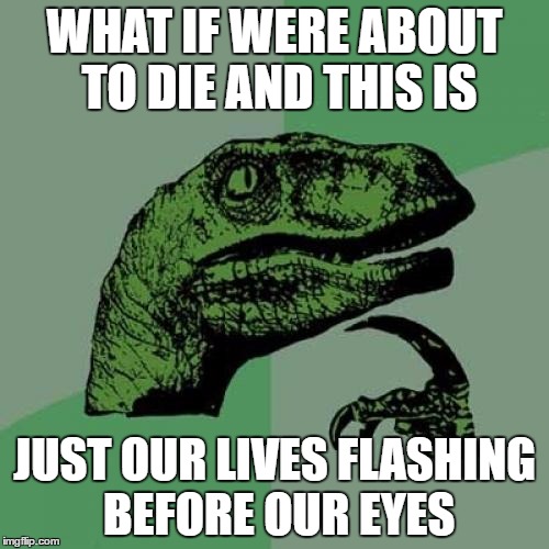 Philosoraptor | WHAT IF WERE ABOUT TO DIE AND THIS IS; JUST OUR LIVES FLASHING BEFORE OUR EYES | image tagged in memes,philosoraptor | made w/ Imgflip meme maker