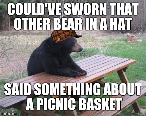 Bad Luck Bear | COULD'VE SWORN THAT OTHER BEAR IN A HAT; SAID SOMETHING ABOUT A PICNIC BASKET | image tagged in memes,bad luck bear,scumbag | made w/ Imgflip meme maker