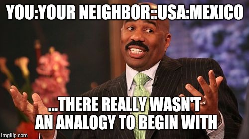 Steve Harvey Meme | YOU:YOUR NEIGHBOR::USA:MEXICO ...THERE REALLY WASN'T AN ANALOGY TO BEGIN WITH | image tagged in memes,steve harvey | made w/ Imgflip meme maker