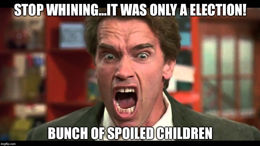 arnold schwarzenegger stop whining |  STOP WHINING...IT WAS ONLY A ELECTION! BUNCH OF SPOILED CHILDREN | image tagged in arnold schwarzenegger stop whining | made w/ Imgflip meme maker