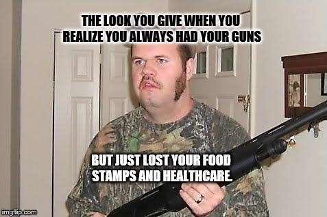 redneck2 | THE LOOK YOU GIVE WHEN YOU REALIZE YOU ALWAYS HAD YOUR GUNS; BUT JUST LOST YOUR FOOD STAMPS AND HEALTHCARE. | image tagged in redneck2 | made w/ Imgflip meme maker