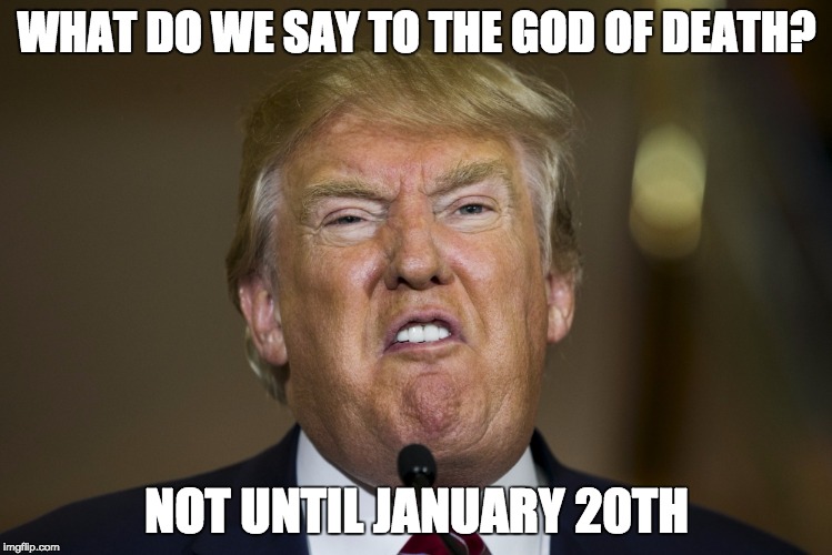 donnie trump |  WHAT DO WE SAY TO THE
GOD OF DEATH? NOT UNTIL JANUARY 20TH | image tagged in donnie trump | made w/ Imgflip meme maker