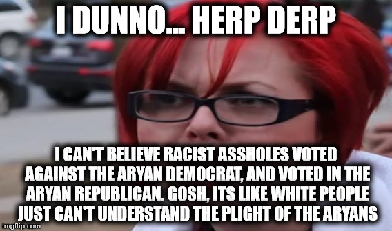 I DUNNO... HERP DERP I CAN'T BELIEVE RACIST ASSHOLES VOTED AGAINST THE ARYAN DEMOCRAT, AND VOTED IN THE ARYAN REPUBLICAN. GOSH, ITS LIKE WHI | made w/ Imgflip meme maker