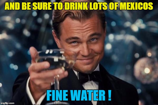 Leonardo Dicaprio Cheers Meme | AND BE SURE TO DRINK LOTS OF MEXICOS FINE WATER ! | image tagged in memes,leonardo dicaprio cheers | made w/ Imgflip meme maker