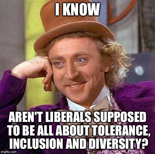 Creepy Condescending Wonka Meme | I KNOW AREN'T LIBERALS SUPPOSED TO BE ALL ABOUT TOLERANCE, INCLUSION AND DIVERSITY? | image tagged in memes,creepy condescending wonka | made w/ Imgflip meme maker