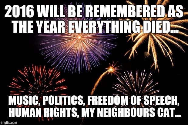 2016 will be remembered as the year everything died... | 2016 WILL BE REMEMBERED AS THE YEAR EVERYTHING DIED... MUSIC, POLITICS, FREEDOM OF SPEECH, HUMAN RIGHTS, MY NEIGHBOURS CAT... | image tagged in fireworks,election 2016,donald trump,trump,cat,grumpy cat | made w/ Imgflip meme maker