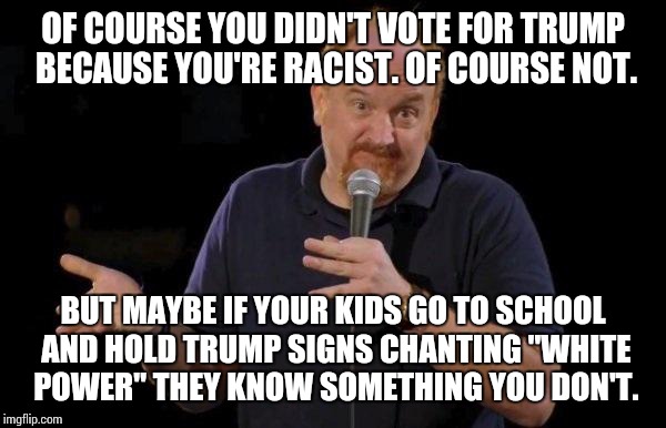 Louis ck but maybe | OF COURSE YOU DIDN'T VOTE FOR TRUMP BECAUSE YOU'RE RACIST. OF COURSE NOT. BUT MAYBE IF YOUR KIDS GO TO SCHOOL AND HOLD TRUMP SIGNS CHANTING "WHITE POWER" THEY KNOW SOMETHING YOU DON'T. | image tagged in louis ck but maybe,deplorable,memes | made w/ Imgflip meme maker
