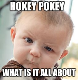Skeptical Baby Meme | HOKEY POKEY WHAT IS IT ALL ABOUT | image tagged in memes,skeptical baby | made w/ Imgflip meme maker