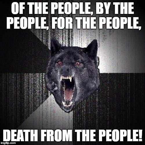 Words of Lincoln | OF THE PEOPLE, BY THE PEOPLE, FOR THE PEOPLE, DEATH FROM THE PEOPLE! | image tagged in memes,insanity wolf | made w/ Imgflip meme maker