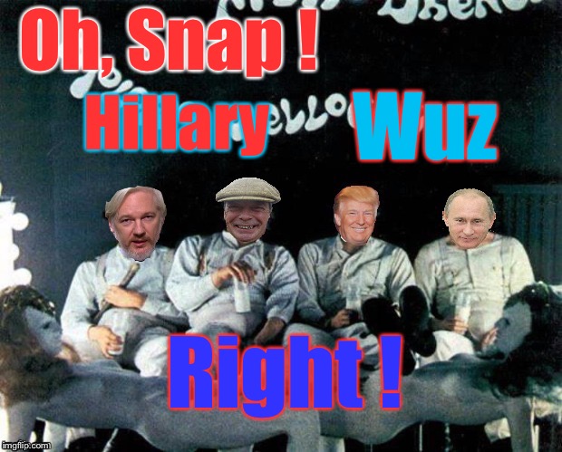 Trump Hanging with his pals, Hill was right  | Oh, Snap ! Hillary; Wuz; Right ! | image tagged in donald trump,vladimir putin,julian assange,nigel farage,hillary clinton,wikileaks | made w/ Imgflip meme maker