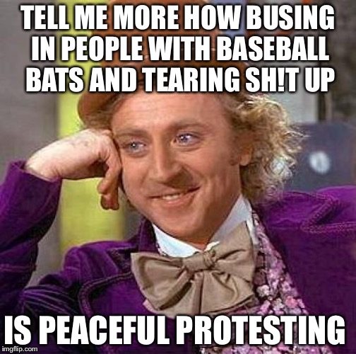 Creepy Condescending Wonka Meme | TELL ME MORE HOW BUSING IN PEOPLE WITH BASEBALL BATS AND TEARING SH!T UP; IS PEACEFUL PROTESTING | image tagged in memes,creepy condescending wonka | made w/ Imgflip meme maker
