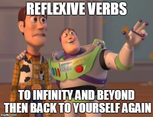 X, X Everywhere Meme | REFLEXIVE VERBS; TO INFINITY AND BEYOND THEN BACK TO YOURSELF AGAIN | image tagged in memes,x x everywhere | made w/ Imgflip meme maker