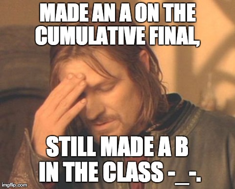 Frustrated Boromir Meme | MADE AN A ON THE CUMULATIVE FINAL,  STILL MADE A B IN THE CLASS -_-. | image tagged in memes,frustrated boromir | made w/ Imgflip meme maker