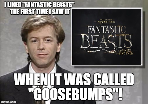 David Spade: Hollywood Minute | I LIKED "FANTASTIC BEASTS" THE FIRST TIME I SAW IT; WHEN IT WAS CALLED "GOOSEBUMPS"! | image tagged in david spade hollywood minute | made w/ Imgflip meme maker