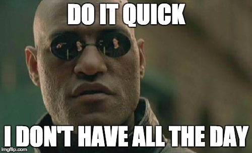 Matrix Morpheus Meme | DO IT QUICK; I DON'T HAVE ALL THE DAY | image tagged in memes,matrix morpheus | made w/ Imgflip meme maker