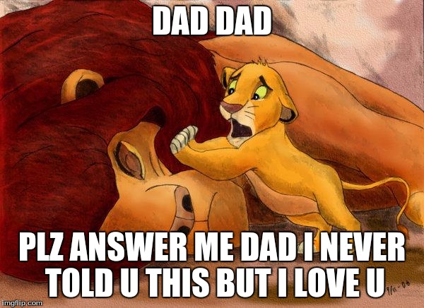 mufasadeath | DAD DAD; PLZ ANSWER ME DAD I NEVER TOLD U THIS BUT I LOVE U | image tagged in mufasadeath | made w/ Imgflip meme maker