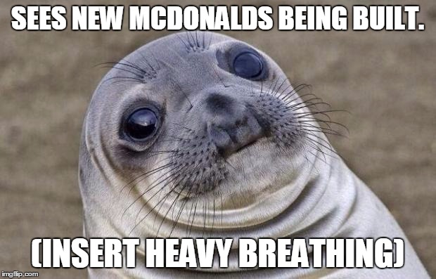 Awkward Moment Sealion Meme |  SEES NEW MCDONALDS BEING BUILT. (INSERT HEAVY BREATHING) | image tagged in memes,awkward moment sealion | made w/ Imgflip meme maker