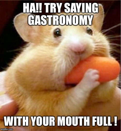 Carrot hamster | HA!! TRY SAYING GASTRONOMY WITH YOUR MOUTH FULL ! | image tagged in carrot hamster | made w/ Imgflip meme maker