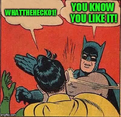 Batman Slapping Robin | WHATTHEHECK01! YOU KNOW YOU LIKE IT! | image tagged in memes,batman slapping robin | made w/ Imgflip meme maker