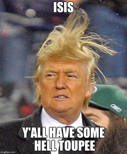 Donald Trumph hair | ISIS; Y'ALL HAVE SOME HELL TOUPEE | image tagged in donald trumph hair | made w/ Imgflip meme maker