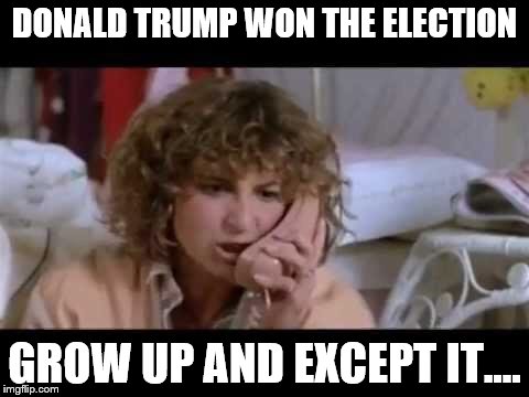 Ferris bueller I need help | DONALD TRUMP WON THE ELECTION; GROW UP AND EXCEPT IT.... | image tagged in ferris bueller i need help | made w/ Imgflip meme maker