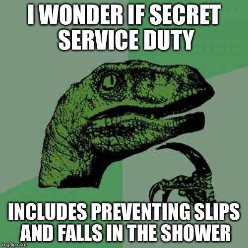 Philosoraptor Meme | I WONDER IF SECRET SERVICE DUTY INCLUDES PREVENTING SLIPS AND FALLS IN THE SHOWER | image tagged in memes,philosoraptor | made w/ Imgflip meme maker