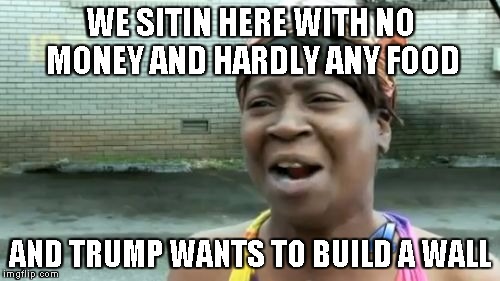 Ain't Nobody Got Time For That | WE SITIN HERE WITH NO MONEY AND HARDLY ANY FOOD; AND TRUMP WANTS TO BUILD A WALL | image tagged in memes,aint nobody got time for that | made w/ Imgflip meme maker