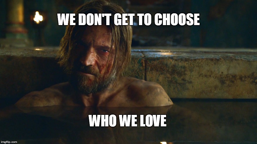 Lannister on Love | WE DON'T GET TO CHOOSE; WHO WE LOVE | image tagged in lannister,kingslayer,love,attraction,game of thrones | made w/ Imgflip meme maker