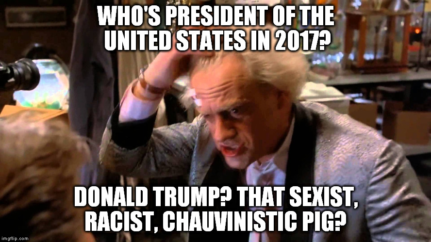 Doc Brown | WHO'S PRESIDENT OF THE UNITED STATES
IN 2017? DONALD TRUMP? THAT SEXIST, RACIST, CHAUVINISTIC PIG? | image tagged in doc brown | made w/ Imgflip meme maker