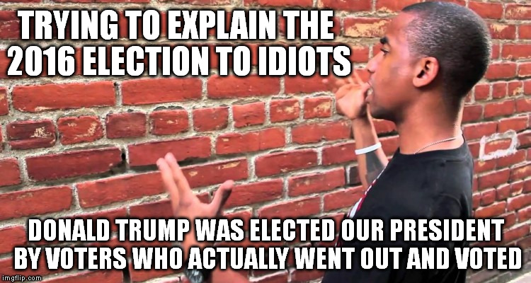 Trying to explain how Trump was elected!! | TRYING TO EXPLAIN THE 2016 ELECTION TO IDIOTS; DONALD TRUMP WAS ELECTED OUR PRESIDENT BY VOTERS WHO ACTUALLY WENT OUT AND VOTED | image tagged in trump 2016,funny,politics,election 2016 | made w/ Imgflip meme maker