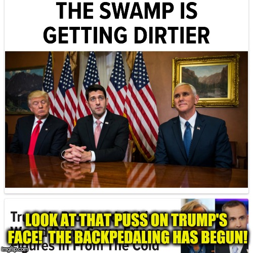 The swamp is getting dirtier | LOOK AT THAT PUSS ON TRUMP'S FACE!  THE BACKPEDALING HAS BEGUN! | image tagged in donald trump | made w/ Imgflip meme maker