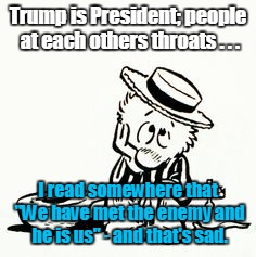 Is it true? | Trump is President; people at each others throats . . . I read somewhere that "We have met the enemy and he is us" - and that's sad. | image tagged in pog | made w/ Imgflip meme maker