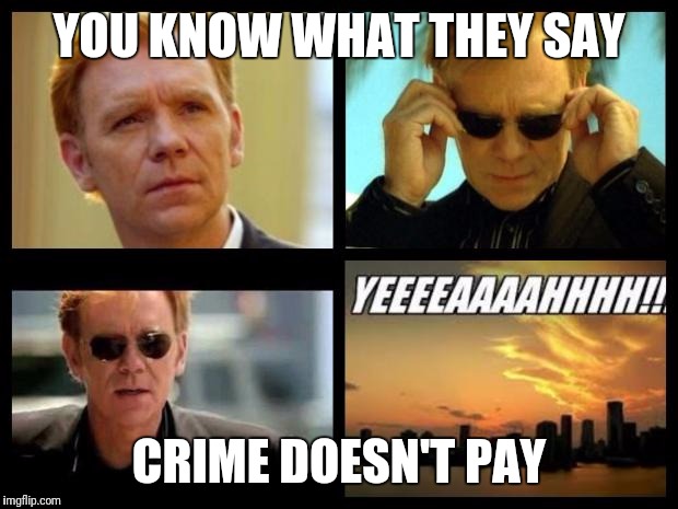 CSI | YOU KNOW WHAT THEY SAY; CRIME DOESN'T PAY | image tagged in csi | made w/ Imgflip meme maker