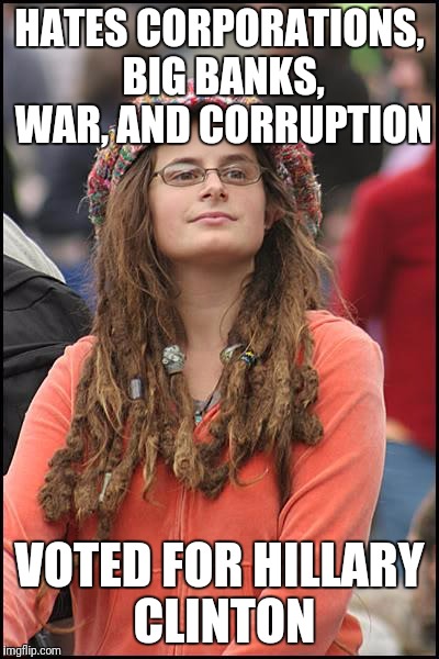 College Liberal Meme | HATES CORPORATIONS, BIG BANKS, WAR, AND CORRUPTION; VOTED FOR HILLARY CLINTON | image tagged in memes,college liberal | made w/ Imgflip meme maker