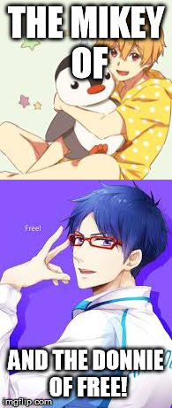 Free! | THE MIKEY OF; AND THE DONNIE OF FREE! | image tagged in tmnt,teenage mutant ninja turtles,anime,memes | made w/ Imgflip meme maker