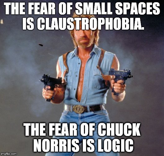 Logic is what it is | THE FEAR OF SMALL SPACES IS CLAUSTROPHOBIA. THE FEAR OF CHUCK NORRIS IS LOGIC | image tagged in chuck norris | made w/ Imgflip meme maker