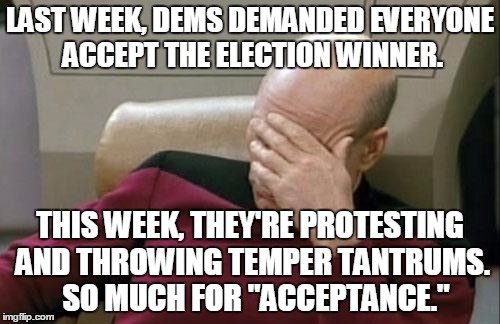 Captain Picard Facepalm Meme | LAST WEEK, DEMS DEMANDED EVERYONE ACCEPT THE ELECTION WINNER. THIS WEEK, THEY'RE PROTESTING AND THROWING TEMPER TANTRUMS.  SO MUCH FOR "ACCEPTANCE." | image tagged in memes,captain picard facepalm | made w/ Imgflip meme maker