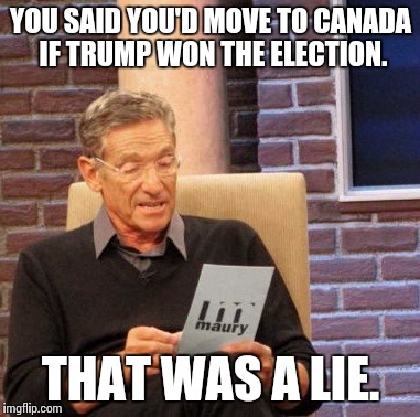 Maury Lie Detector | YOU SAID YOU'D MOVE TO CANADA IF TRUMP WON THE ELECTION. THAT WAS A LIE. | image tagged in memes,maury lie detector | made w/ Imgflip meme maker