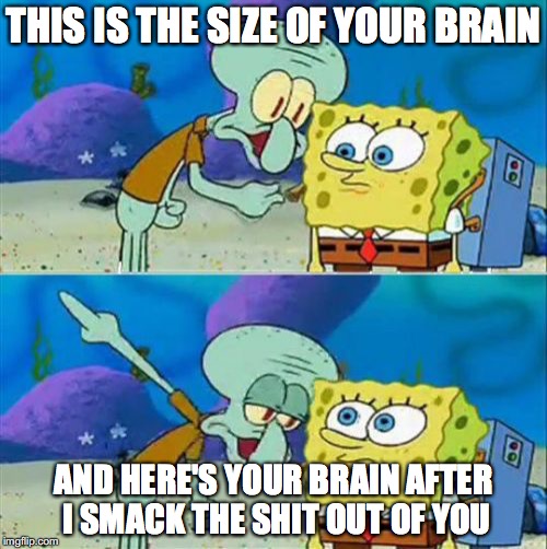 Talk To Spongebob Meme | THIS IS THE SIZE OF YOUR BRAIN; AND HERE'S YOUR BRAIN AFTER I SMACK THE SHIT OUT OF YOU | image tagged in memes,talk to spongebob | made w/ Imgflip meme maker