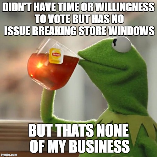 But That's None Of My Business Meme | DIDN'T HAVE TIME OR WILLINGNESS TO VOTE BUT HAS NO ISSUE BREAKING STORE WINDOWS BUT THATS NONE OF MY BUSINESS | image tagged in memes,but thats none of my business,kermit the frog | made w/ Imgflip meme maker