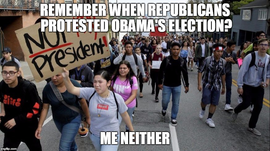 protesters | REMEMBER WHEN REPUBLICANS PROTESTED OBAMA'S ELECTION? ME NEITHER | image tagged in protesters | made w/ Imgflip meme maker