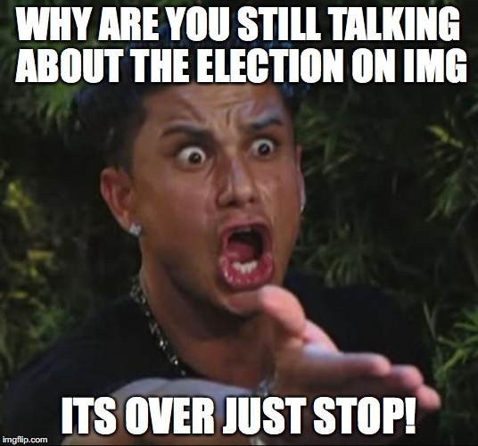 DJ Pauly D | WHY ARE YOU STILL TALKING ABOUT THE ELECTION ON IMG; ITS OVER JUST STOP! | image tagged in memes,dj pauly d | made w/ Imgflip meme maker