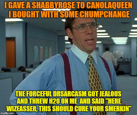 Username Weekend is Here !  | I GAVE A SHABBYROSE TO CANOLAQUEEN I BOUGHT WITH SOME CHUMPCHANGE; THE FORCEFUL DRSARCASM GOT JEALOUS AND THREW H20 ON ME  AND SAID "HERE WIZEASSER, THIS SHOULD CURE YOUR SMERKIN" | image tagged in memes,that would be great,use the username weekend,imgflip users | made w/ Imgflip meme maker