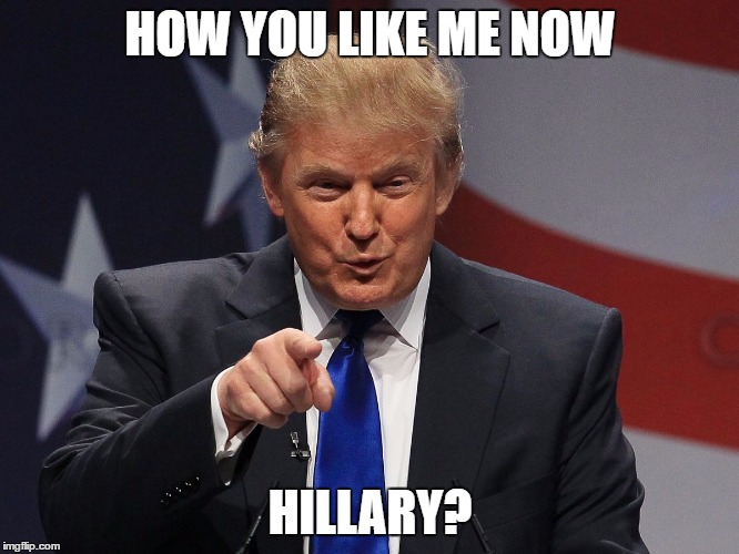 Donald trump | HOW YOU LIKE ME NOW; HILLARY? | image tagged in donald trump | made w/ Imgflip meme maker