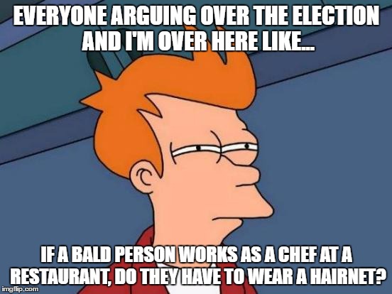 Deep Thoughts from a Shallow Mind | EVERYONE ARGUING OVER THE ELECTION AND I'M OVER HERE LIKE... IF A BALD PERSON WORKS AS A CHEF AT A RESTAURANT, DO THEY HAVE TO WEAR A HAIRNET? | image tagged in memes,futurama fry,deep thought,election,confused | made w/ Imgflip meme maker