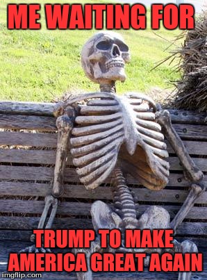 Waiting Skeleton | ME WAITING FOR; TRUMP TO MAKE AMERICA GREAT AGAIN | image tagged in memes,waiting skeleton | made w/ Imgflip meme maker