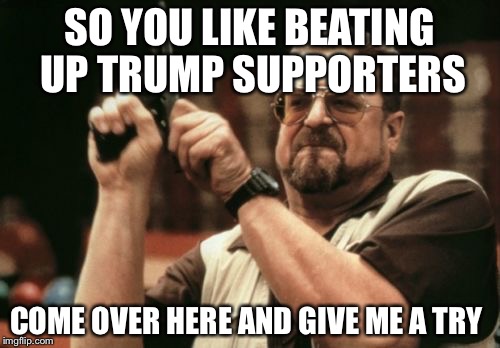 Am I The Only One Around Here Meme | SO YOU LIKE BEATING UP TRUMP SUPPORTERS; COME OVER HERE AND GIVE ME A TRY | image tagged in memes,am i the only one around here | made w/ Imgflip meme maker
