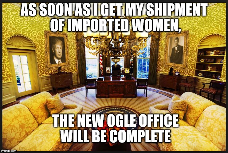 AS SOON AS I GET MY SHIPMENT OF IMPORTED WOMEN, THE NEW OGLE OFFICE WILL BE COMPLETE | image tagged in political meme,humor,trump,white house,president trump | made w/ Imgflip meme maker