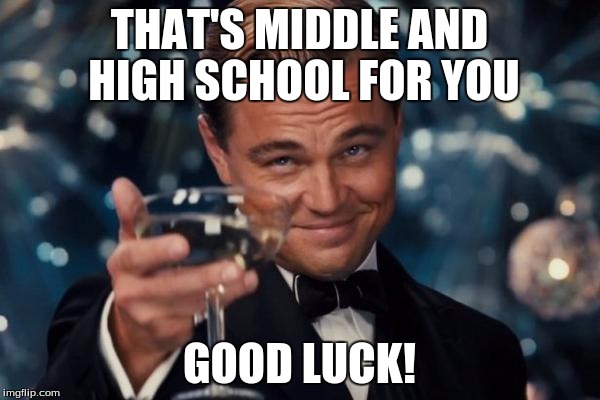 Leonardo Dicaprio Cheers Meme | THAT'S MIDDLE AND HIGH SCHOOL FOR YOU GOOD LUCK! | image tagged in memes,leonardo dicaprio cheers | made w/ Imgflip meme maker
